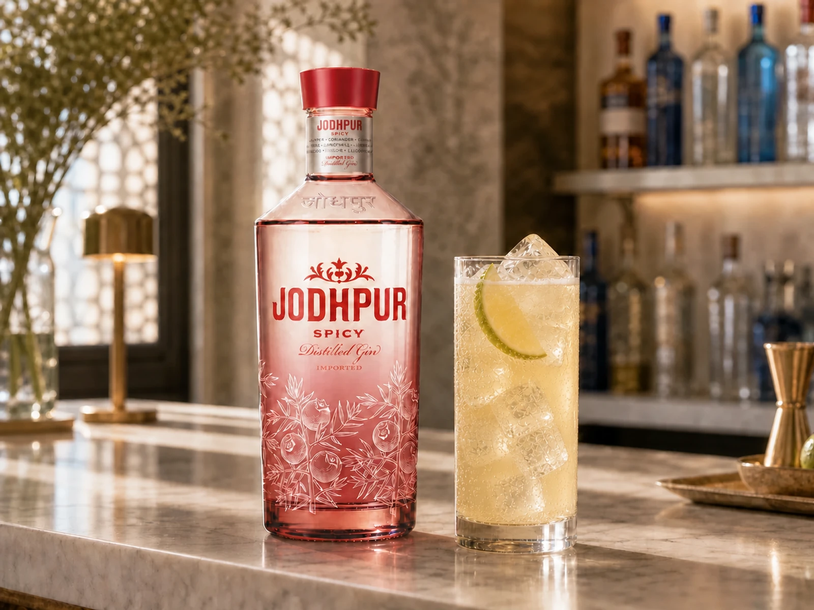 Hotový Spicy Ginger s limetkou a lahví Jodhpur Spicy Gin